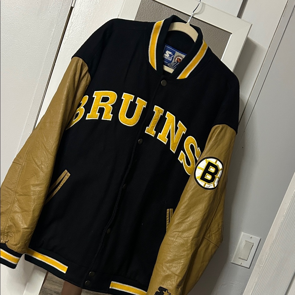 XL vintage STARTER Black and Tan BRUINS hockey NHL Jacket leather and wool